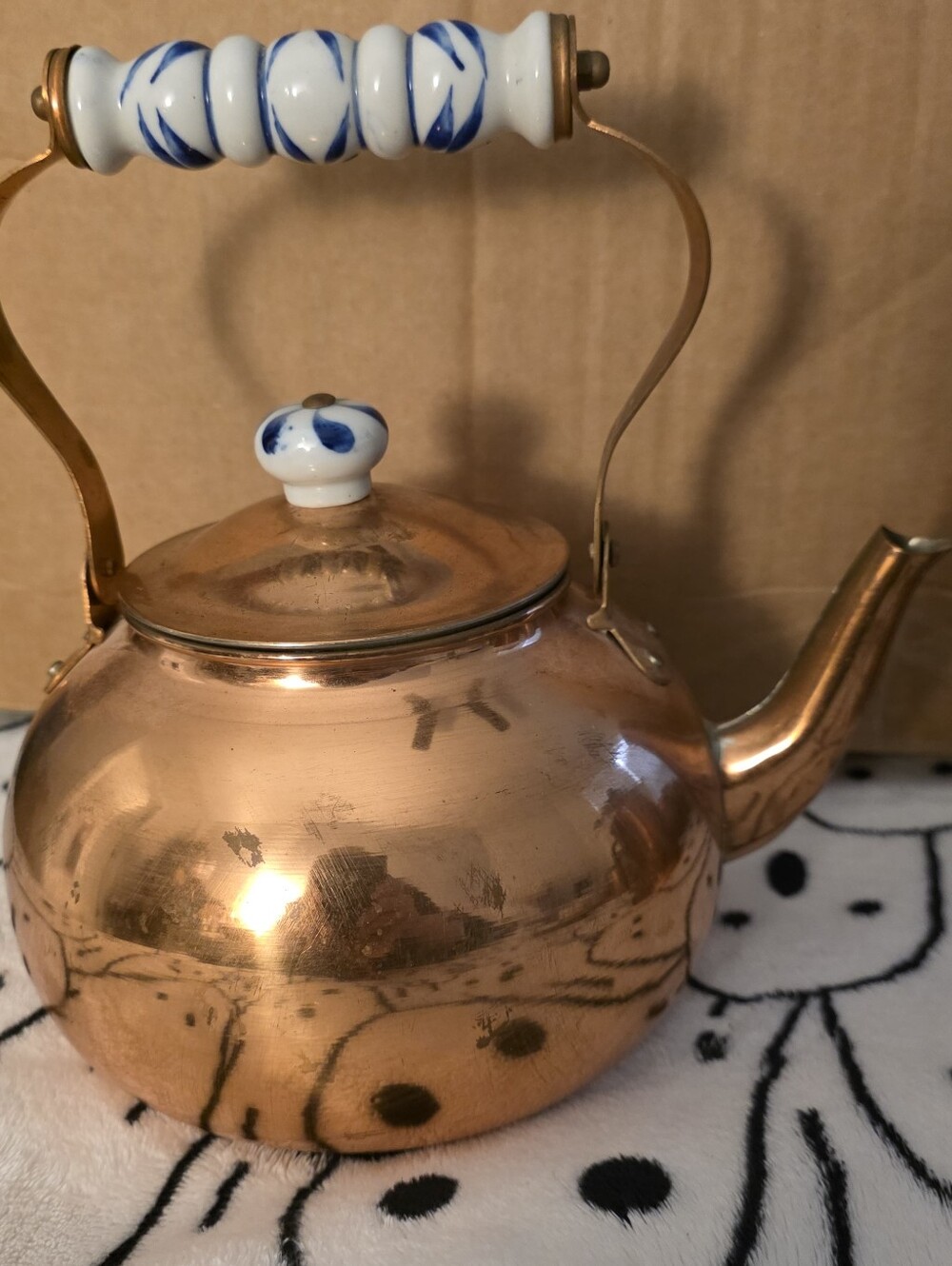 Vintage Copper Tea Kettle, Delft Blue Ceramic Handle